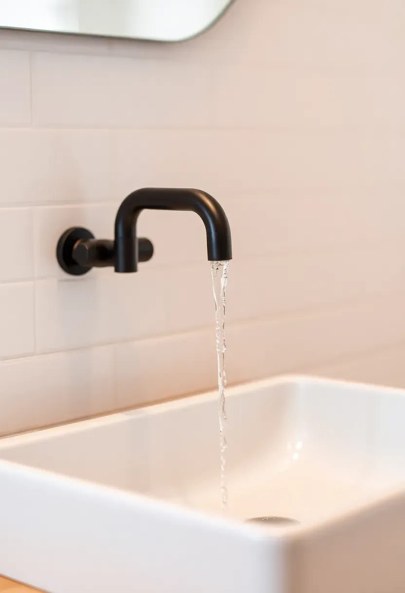 Hyper-realistic close-up of wall-mounted matte black faucet with single lever control, water flowing into white rectangular vessel sink below, light oak vanity, white subway tile wall. Materials: matte black powder-coated brass, white ceramic sink, white oak vanity, white tile. Warm low diffused light, creamy neutrals with crisp black contrast. Modern minimalist mood, shallow depth of field with sharp faucet detail, soft water motion blur. Vertical 2:3 framing. No logos.</p>