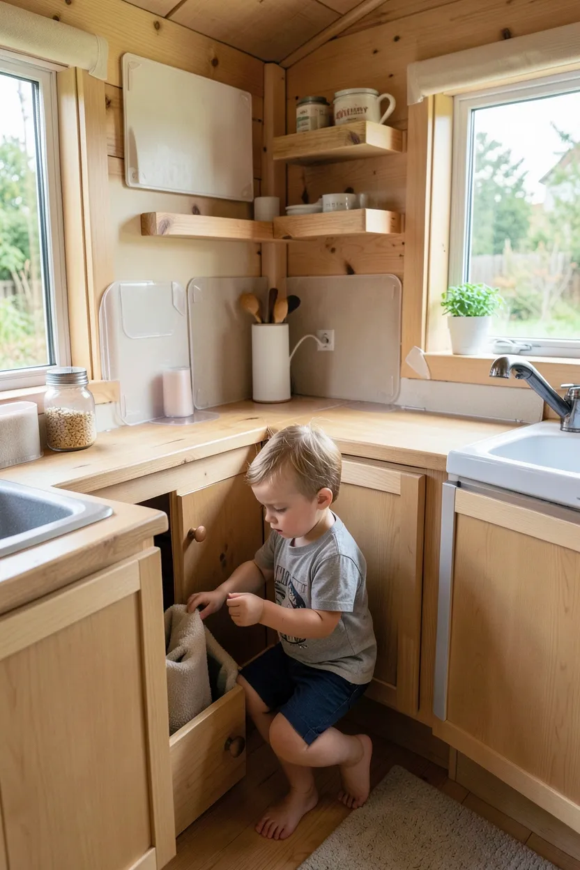 Clear soft corner guards installed on wooden table edges and furniture corners in a tiny house living area, childproofing for a mobile toddler