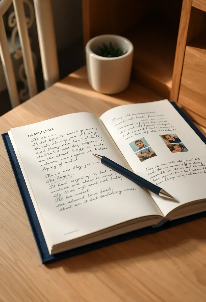 open milestone memory book for baby boy with handwritten notes and small photos