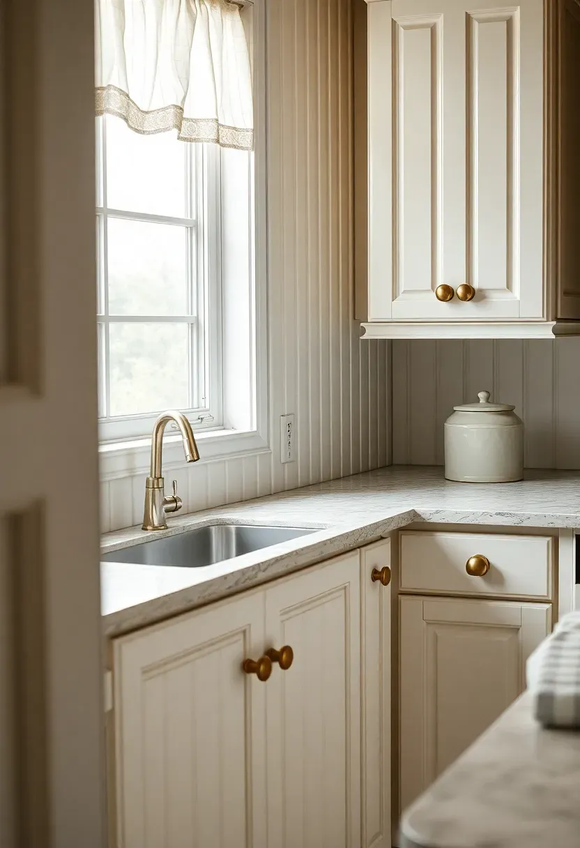 white beadboard panel backsplash in a cottage kitchen with white cabinets and light granite countertops and vintage hardware