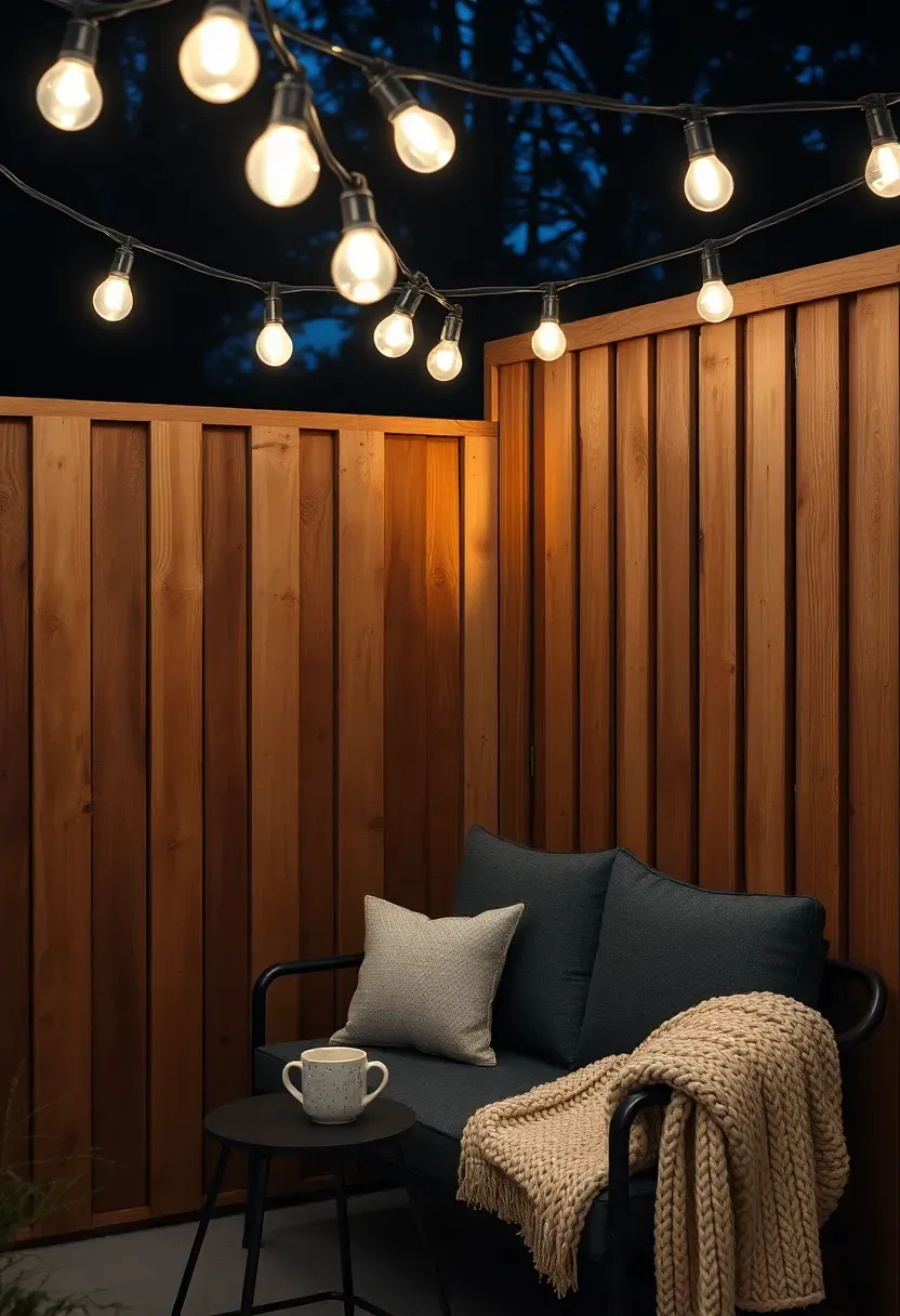 Bistro string lights hung at about 7 feet height over a cozy outdoor seating nook with a loveseat and side table in a small backyard