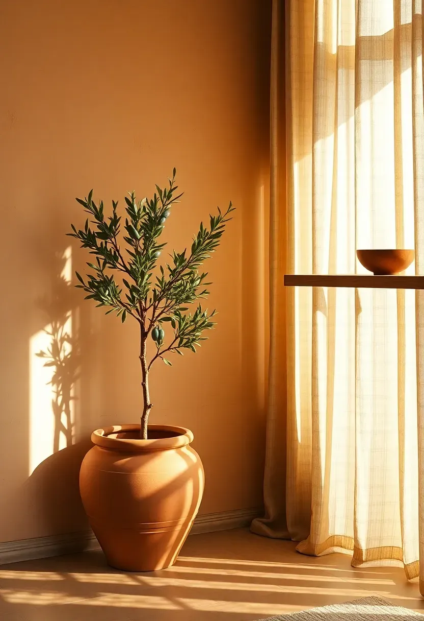 Mediterranean-inspired living room corner with a terracotta planter, clay-toned accent wall, raw linen curtains, and a handmade ceramic bowl on a wood shelf
