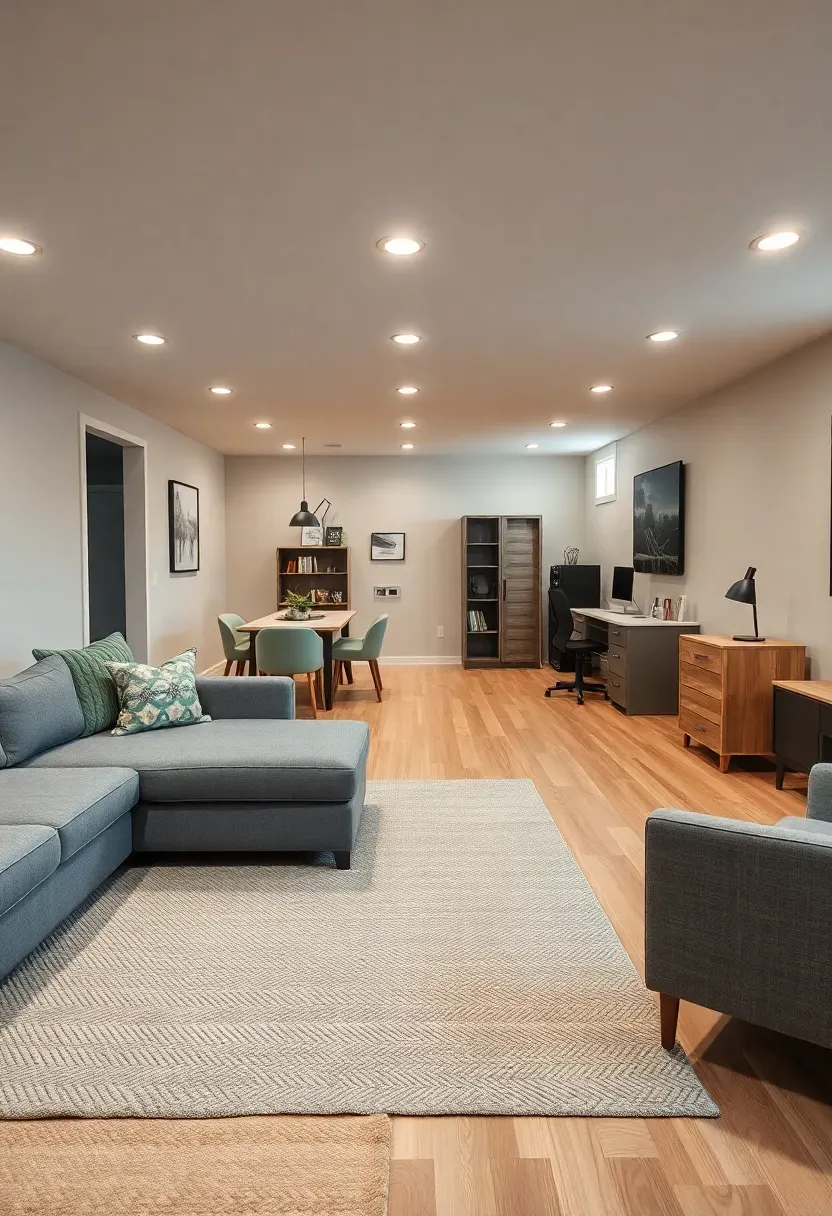Open-plan finished basement with distinct zones for lounging, gaming, and a study area separated by furniture and area rugs