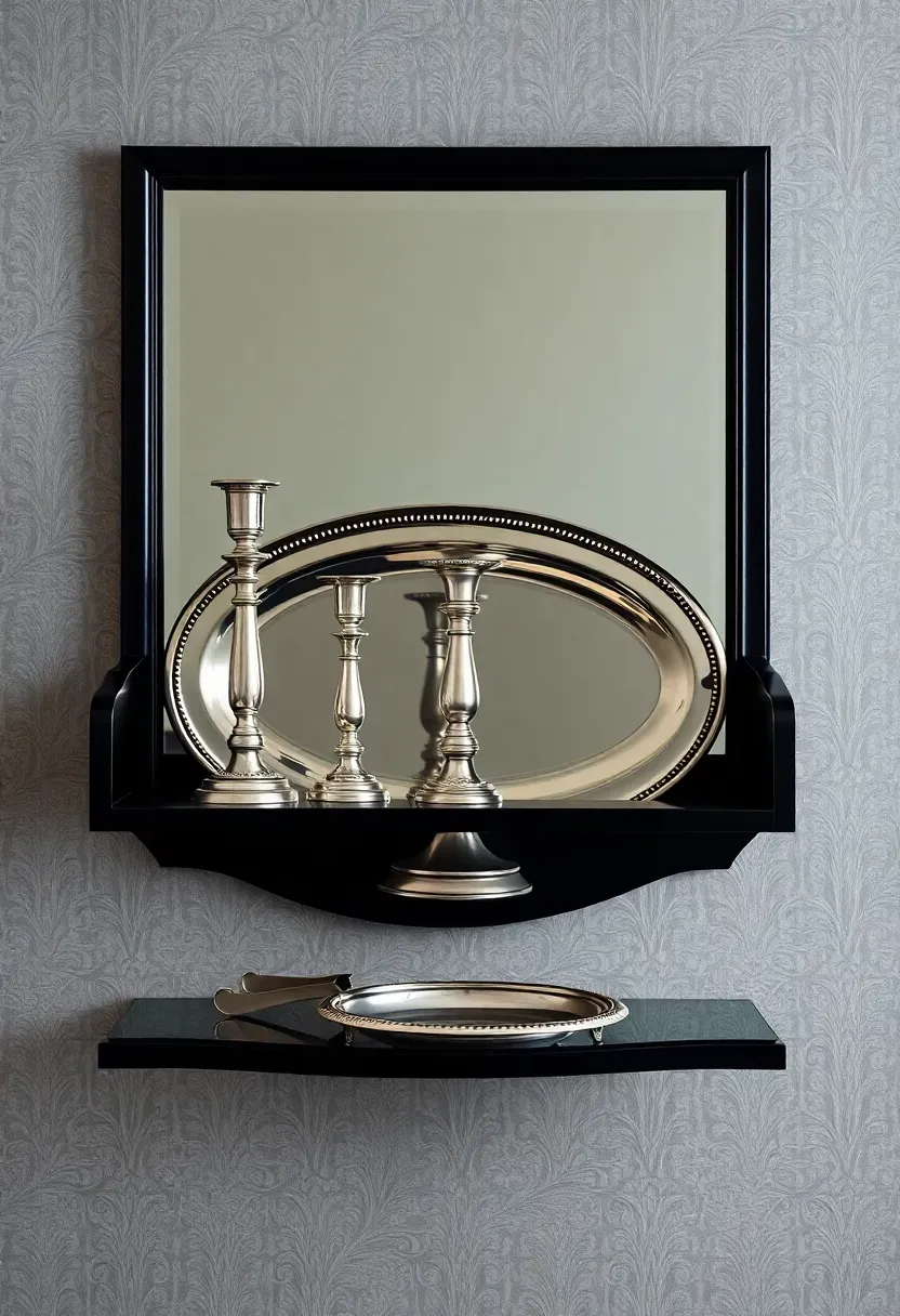 Antique silver collection on a mirrored-back ebonized shelf — polished silver candlesticks, a silver-plated oval tray propped upright, and a sugar bowl with tongs on patterned wallpaper wall