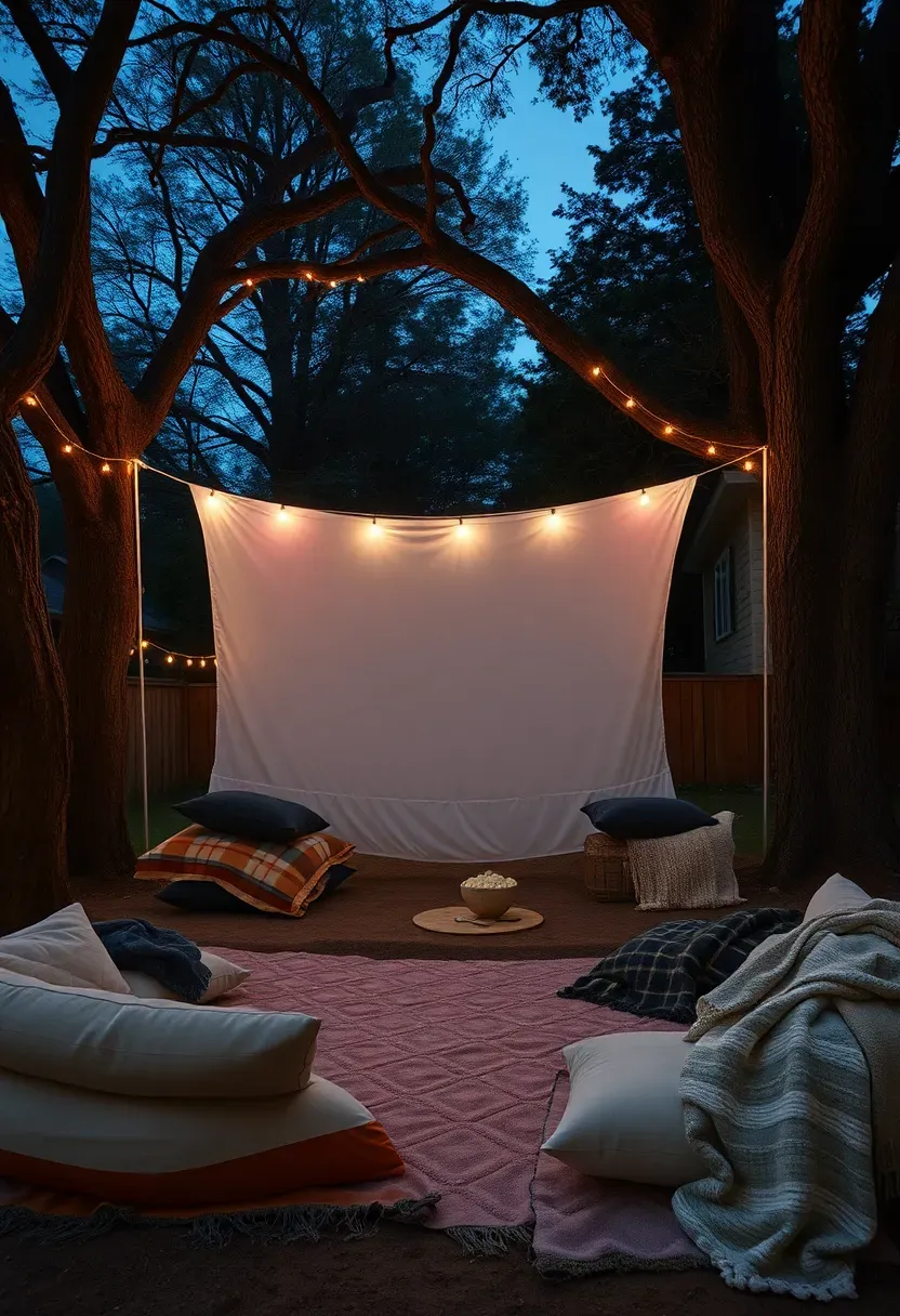 Outdoor movie screening area in a backyard with a white sheet screen, floor cushions, blankets, and string lights for a sweet 16 party