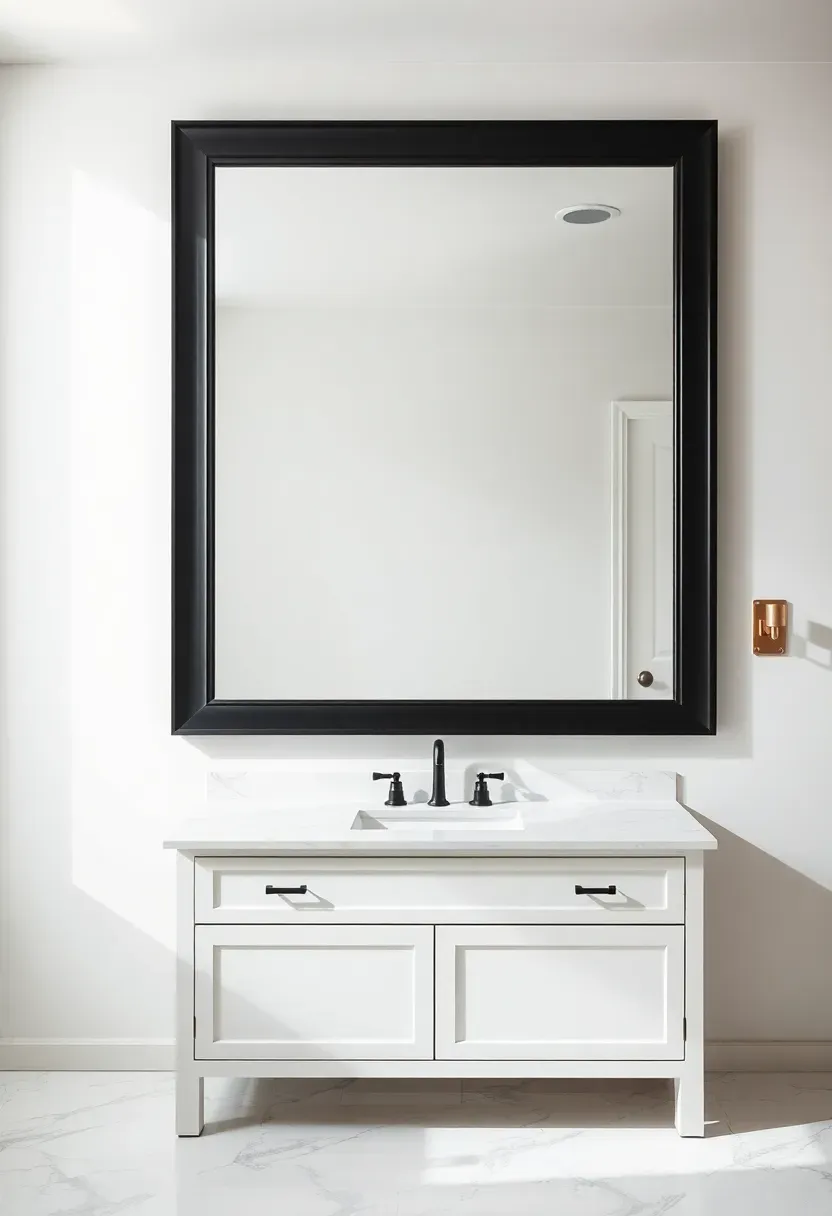 Large black-framed rectangular mirror above a white bathroom vanity — bold contrast focal point in monochrome bathroom