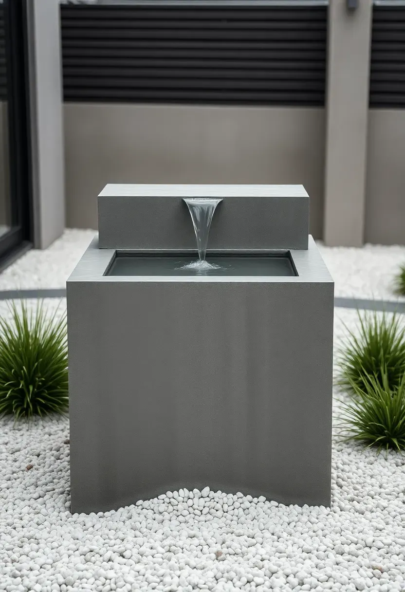 A modern concrete cube fountain with water spilling from the top face into a rectangular pool in a minimalist garden
