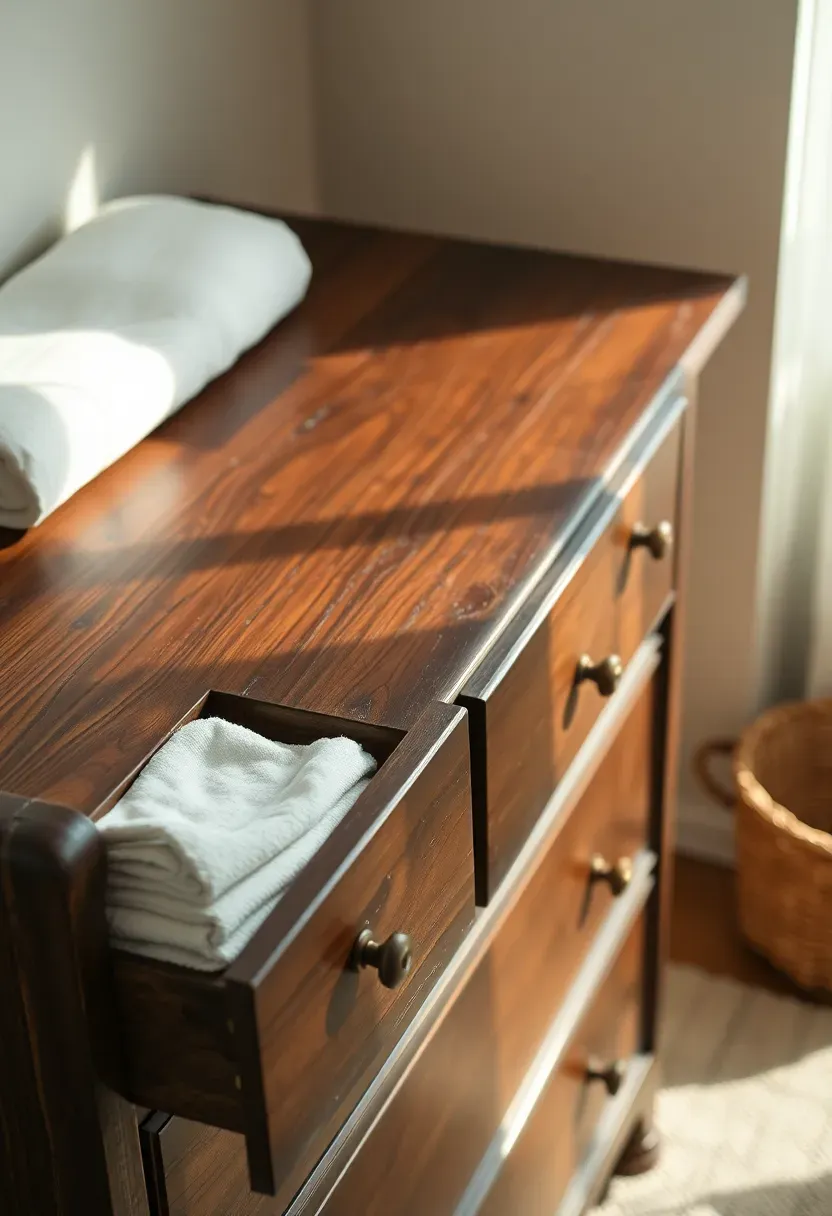 repurposed antique wooden dresser used as baby changing table with vintage knobs and folded linens