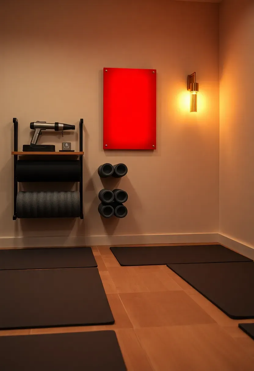 Recovery and stretch lounge with foam rollers, massage gun station, infrared light panel, and soft neutral decor
