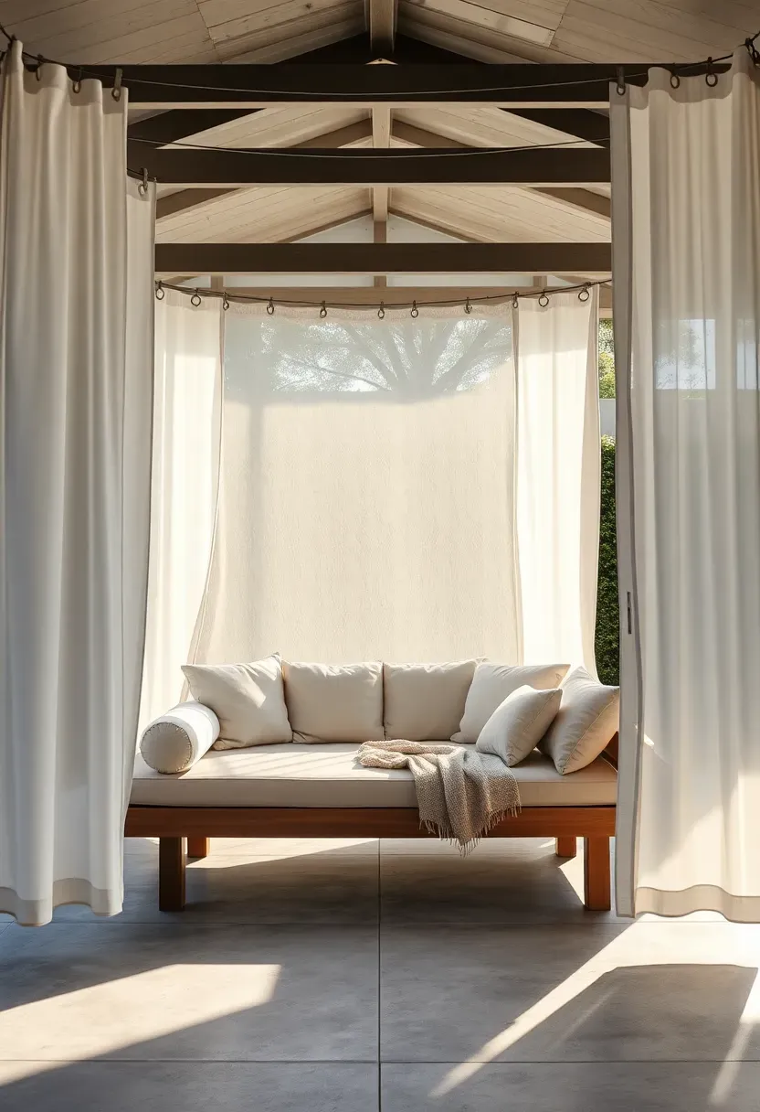 Sheer white outdoor curtain panels billowing in a breeze around a covered patio with a daybed and cushions