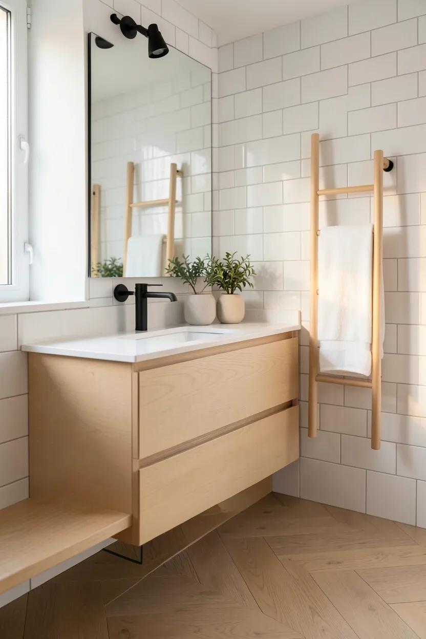 Scandinavian light birch wood Bloxburg bathroom with white subway tiles, matte black fixtures, and minimal accessories