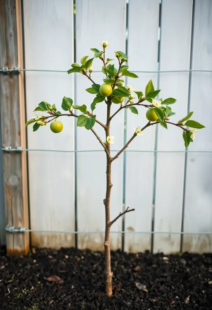 Espalier apple tree trained flat against a garden fence in a geometric pattern with developing fruit and spring blossoms