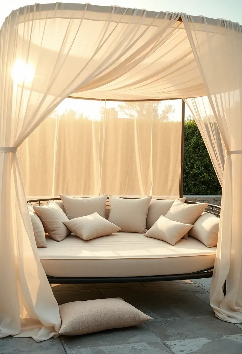 Oversized outdoor daybed with flowing white canopy drapes on a terrace, scattered cushions in linen tones, late afternoon sun filtering through fabric