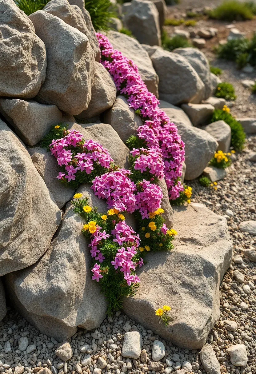 A sloped rock garden flower bed with creeping phlox, sedums, and alpine flowers tucked between natural limestone boulders