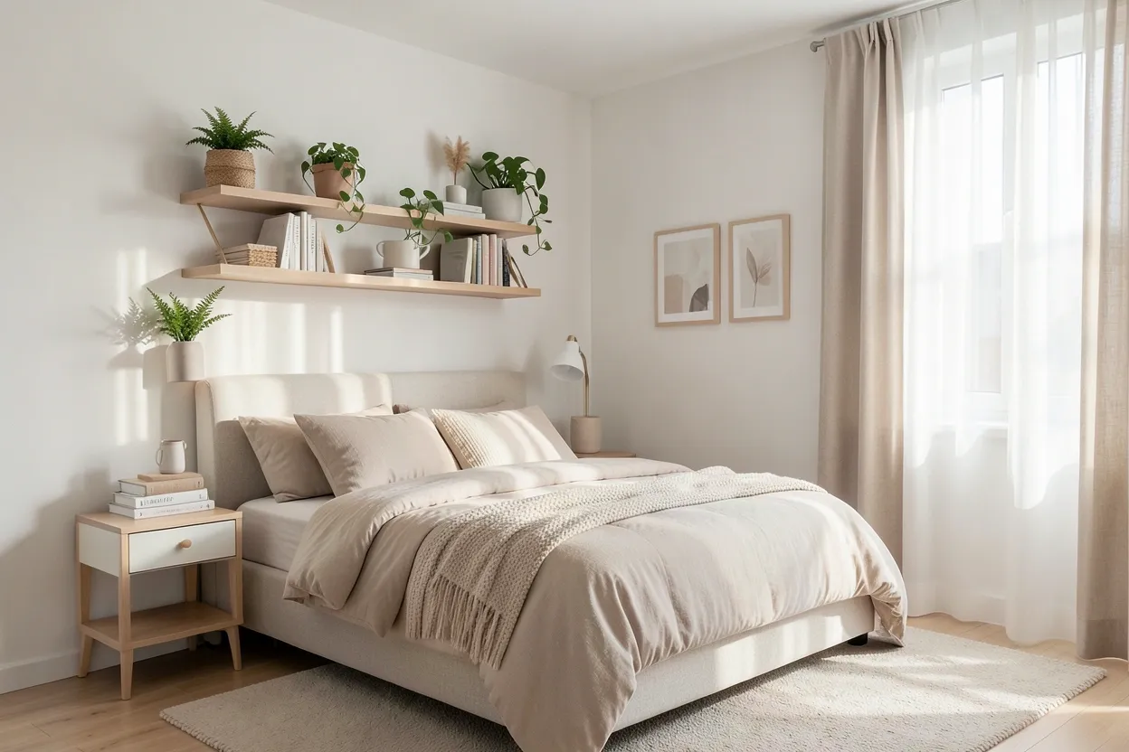 Cozy small bedroom with smart storage solutions — loft bed, floating shelves, and space-saving furniture for renters