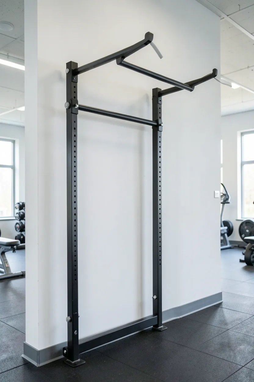 Wall-mounted retractable workout station folded flat against a white wall — space-saving home gym equipment storage for small apartments and multi-use rooms