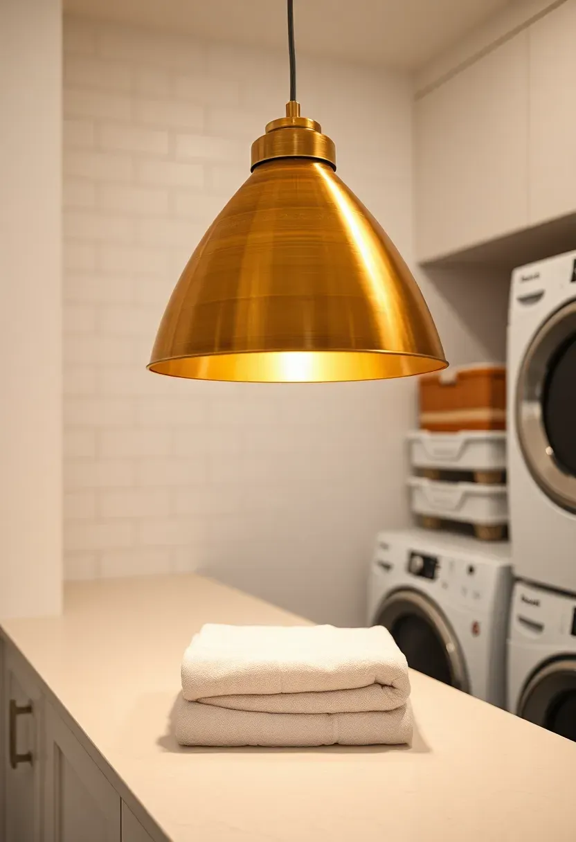 Warm pendant light with brass shade hanging over a folding counter in a modern stacked laundry room with subway tile backsplash