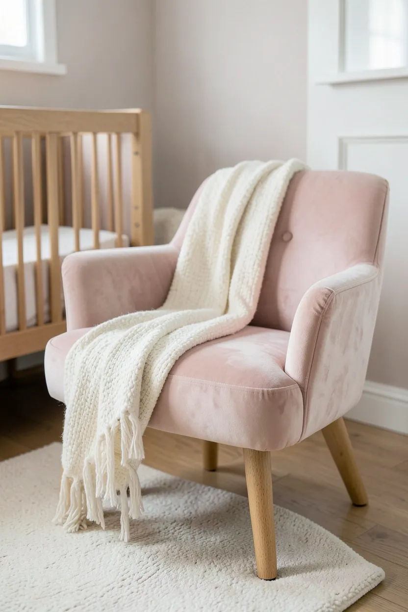 Blush pink velvet nursing chair with natural wood legs in corner of pink boho nursery with cream throw blanket