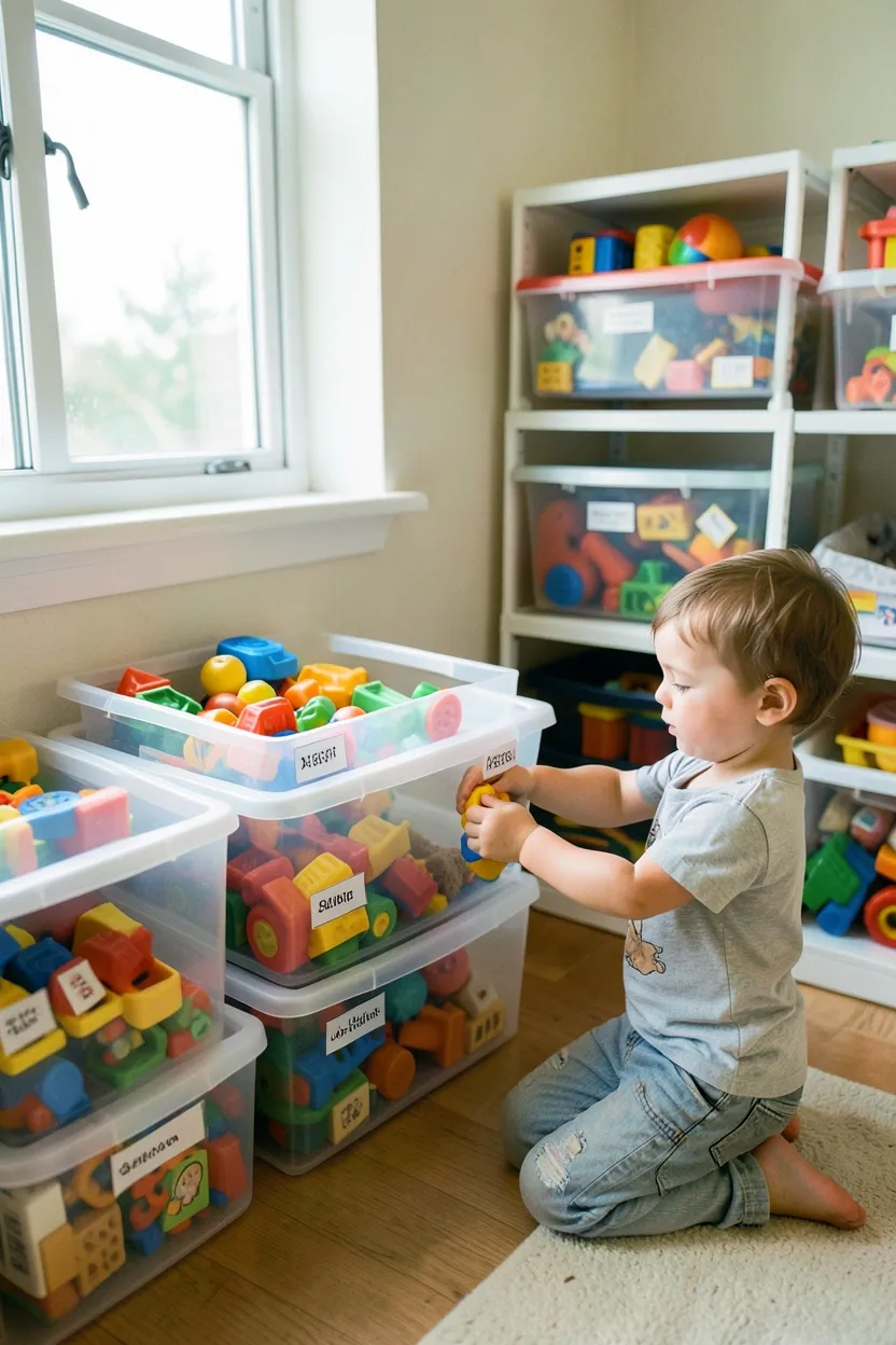 Clear labeled storage bins organized on shelves in a tiny house closet for toy rotation system, picture labels visible on each bin for toddler-friendly organization