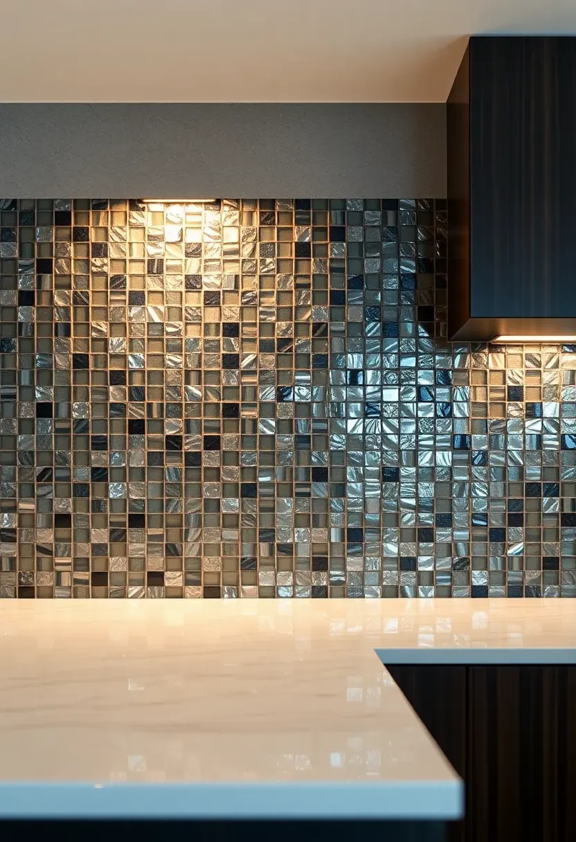 smoked glass mosaic tile backsplash in charcoal and silver tones reflecting light in kitchen with dark cabinets and white countertops