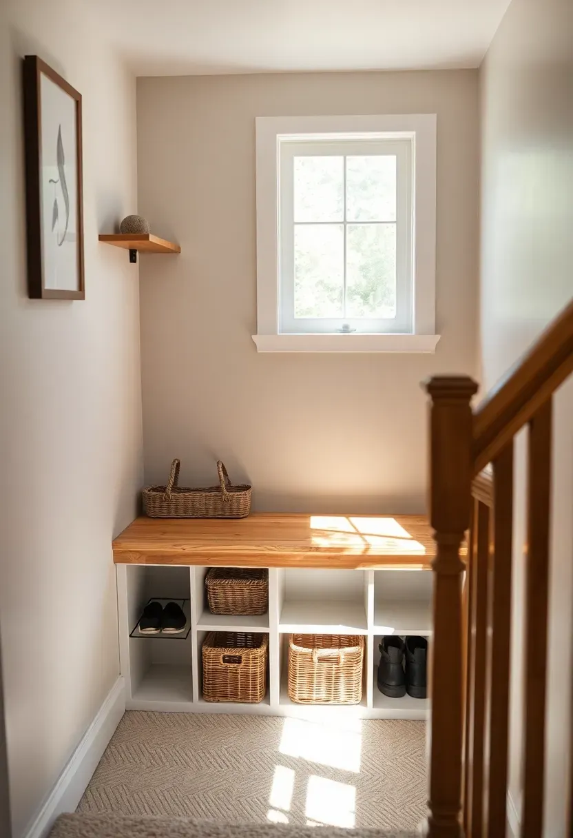 L-shaped basement staircase landing with a built-in wooden bench seat under a window, storage cubbies below the bench, and a small wall-mounted shelf above