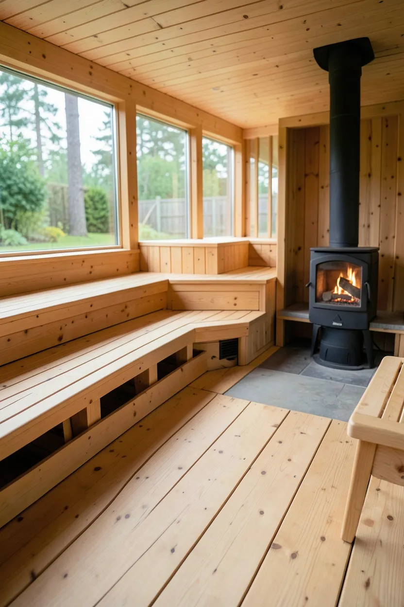 Nordic-inspired home gym with traditional Finnish sauna, tiered clear cedar benches, wide-plank pine flooring, and large windows framing natural garden views