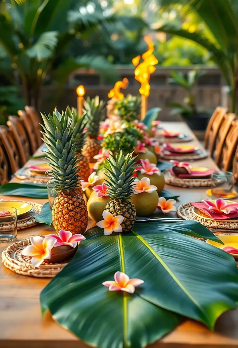 Tropical luau party table with palm leaves, pineapple centerpieces, tiki torches, and bright floral leis