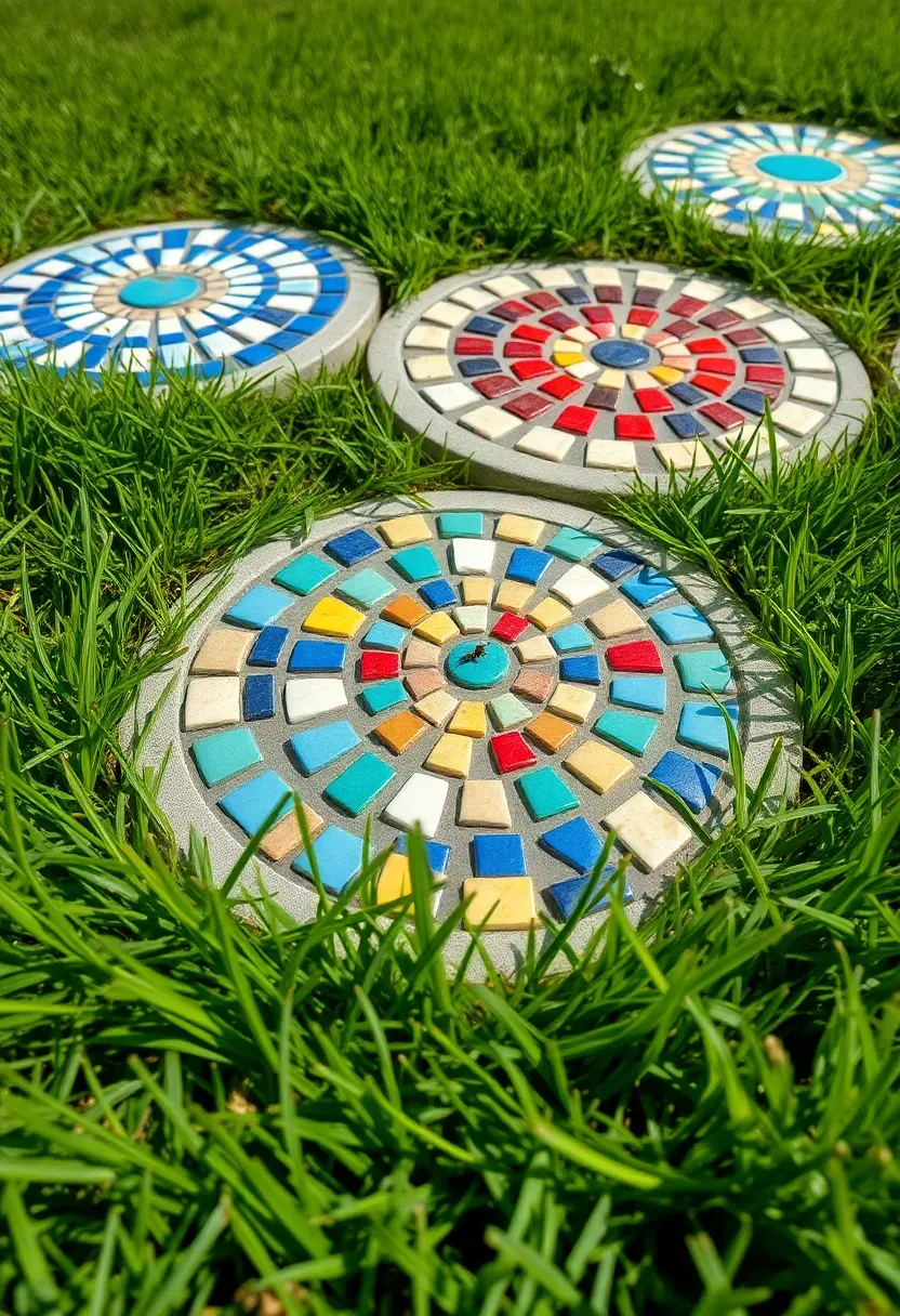 Colorful mosaic stepping stones made from broken ceramic tiles pressed into concrete in a circular pattern, set into a green lawn in a backyard garden