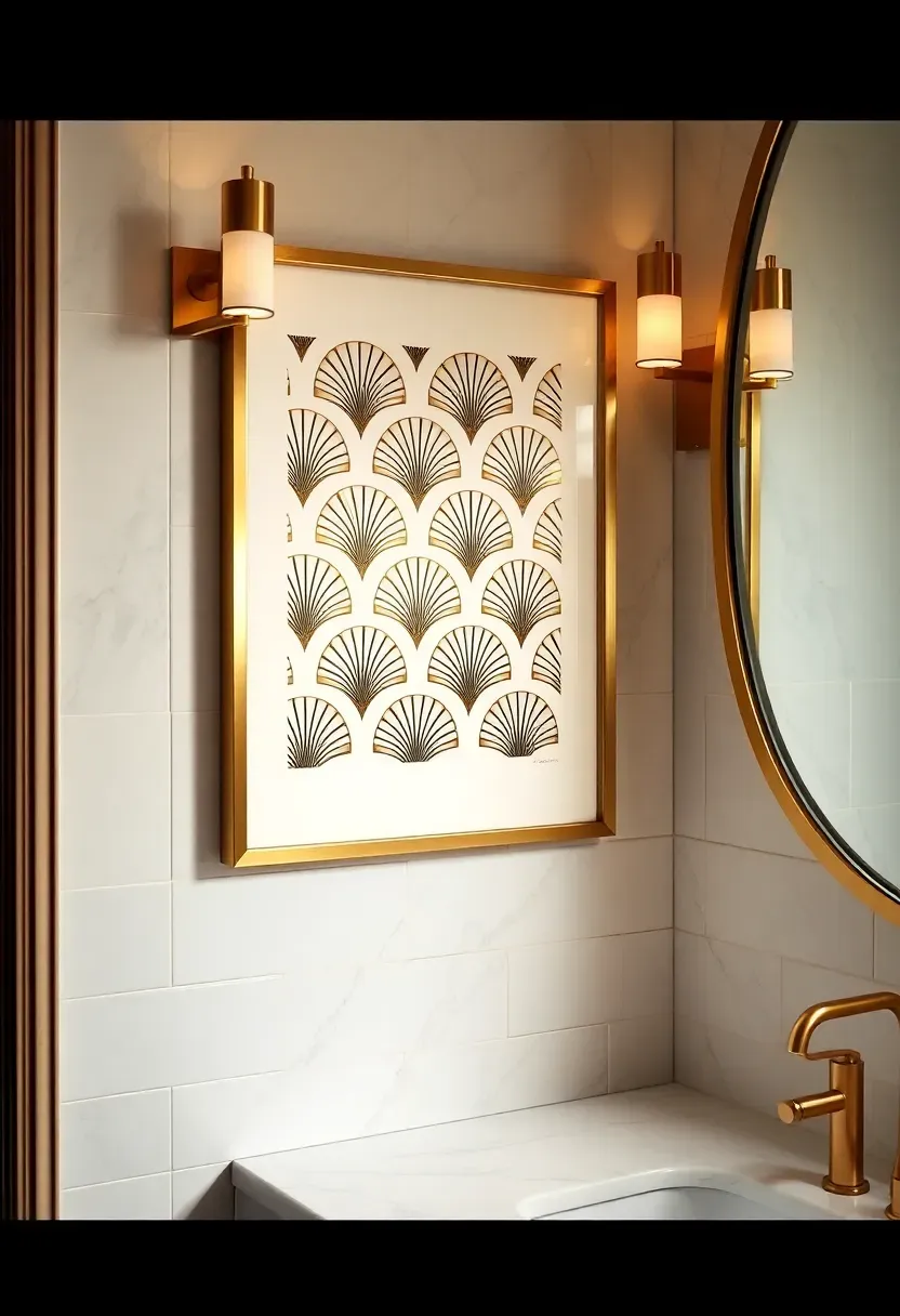 Art Deco geometric print with gold and black fan shapes in a slim brass frame on a marble-tiled bathroom wall