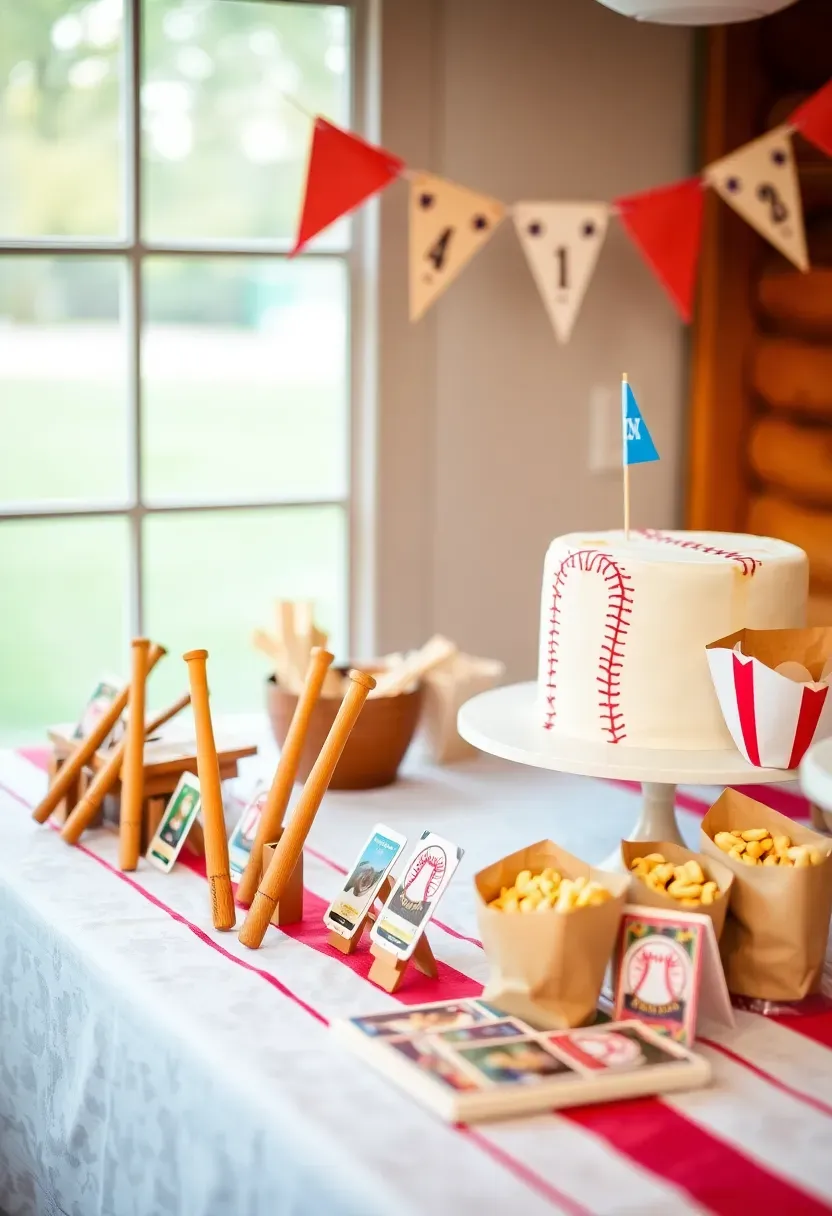 baseball themed baby shower with mini bats pennants and a home run cake