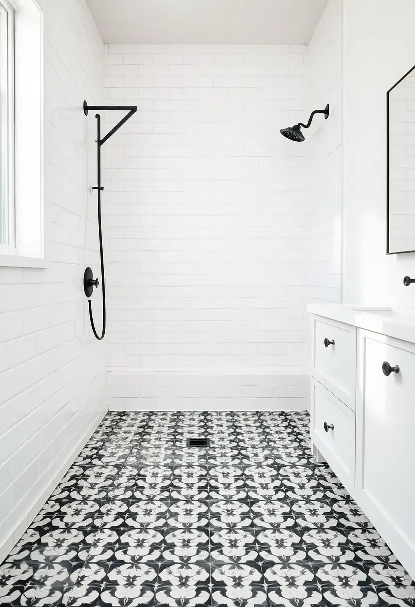 Black and white arabesque shaped tiles with intricate curved pattern on bathroom floor — Moroccan-inspired monochrome design