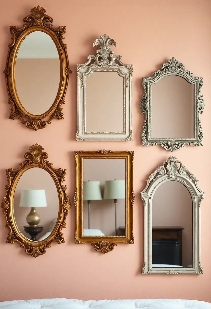 Gallery wall of ornate antique mirrors in various sizes and shapes with gilded and white-painted frames