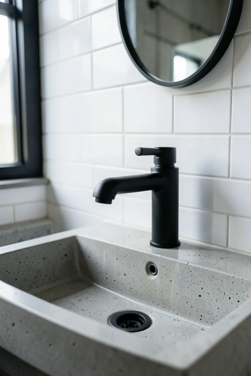Hyper-realistic eye-level photograph of matte black industrial faucet mounted on concrete bathroom sink basin. Single-hole faucet with exposed mechanical elements, concrete basin with subtle aggregate texture, black metal drain, white subway tile wall, small round mirror above. Materials: matte black metal faucet, polished concrete basin with aggregate, white ceramic tiles, black metal frame mirror. Natural light from window highlighting faucet finish, modern industrial atmosphere. Shallow depth of field, sharp details on faucet design and concrete texture, balanced composition showing sink and wall. No text, no logos, no watermarks.</p>