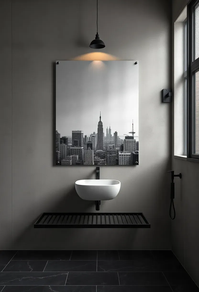 Black and white cityscape photograph printed directly on brushed aluminum panel in a modern bathroom with concrete walls