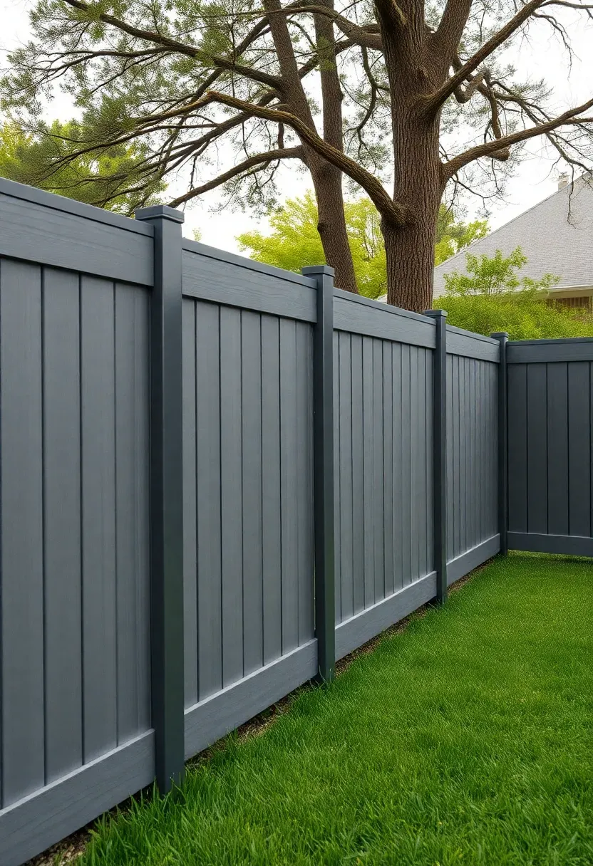 Gray composite tongue-and-groove privacy fence with clean lines in a suburban backyard next to a green lawn