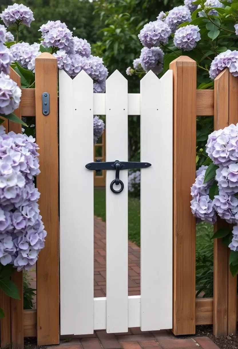 White picket garden gate with a simple latch set between two fence posts with flowering shrubs on either side
