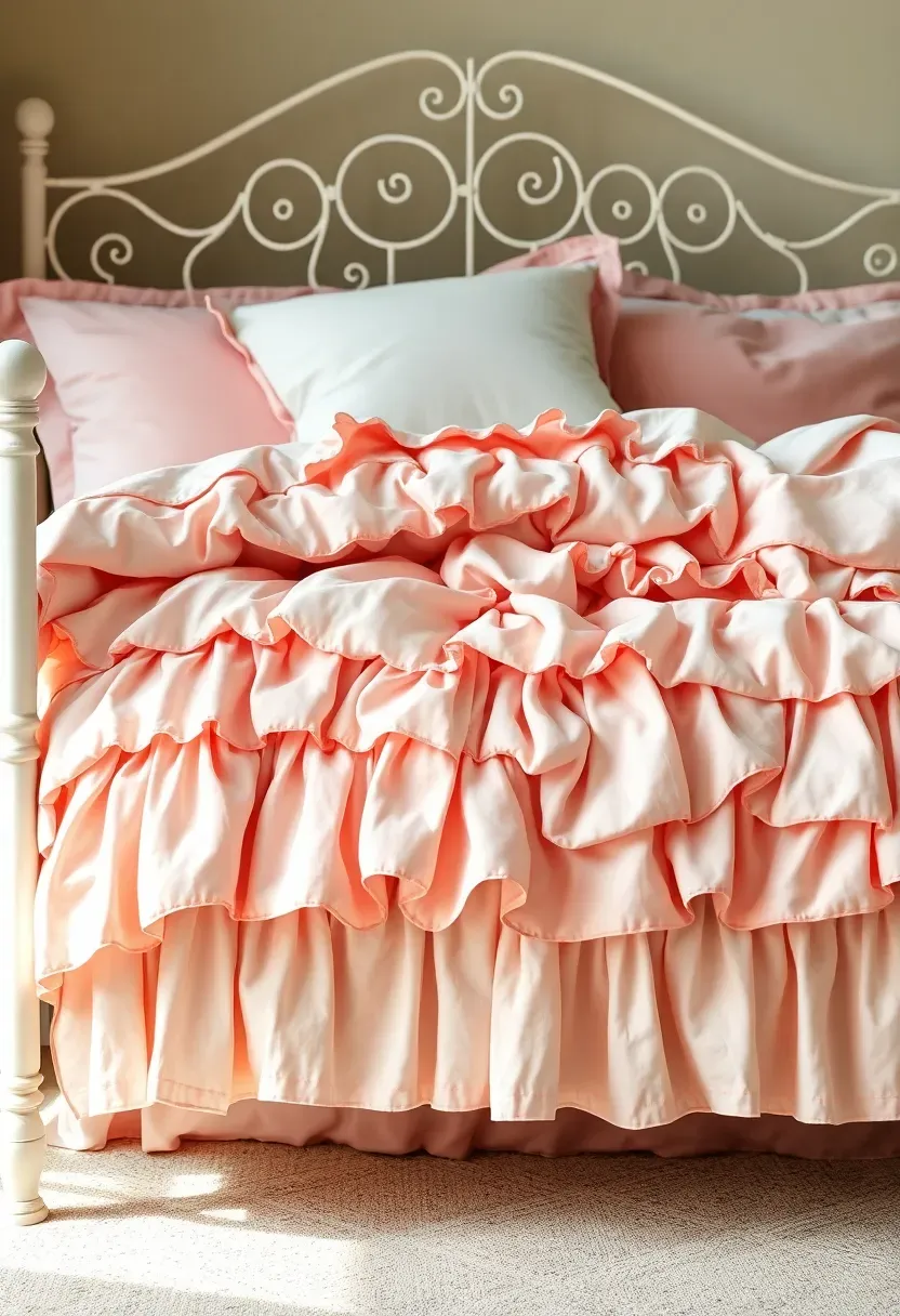 Luxurious layered ruffle bedding set in graduated pink shades from blush to dusty rose on a white iron bed