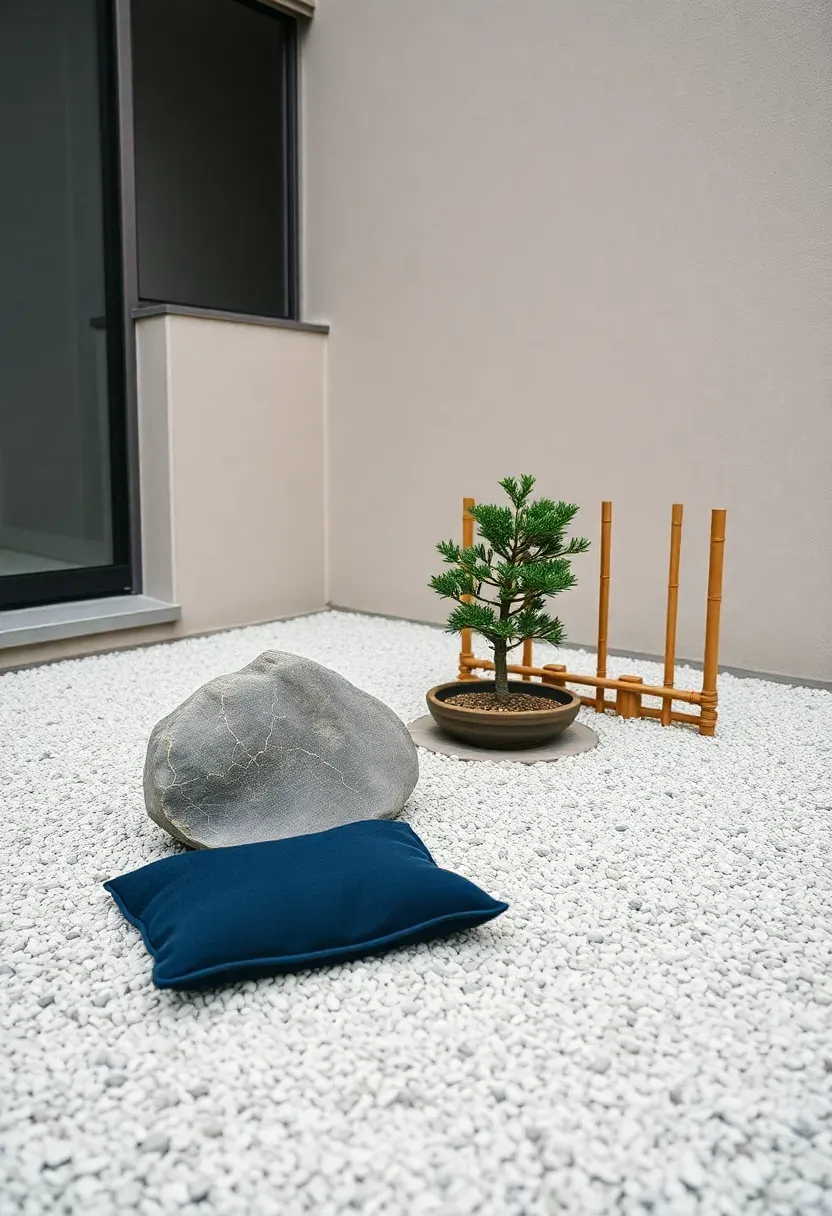 Japanese-inspired minimalist apartment patio with a small stone arrangement, single bonsai tree, and bamboo accents