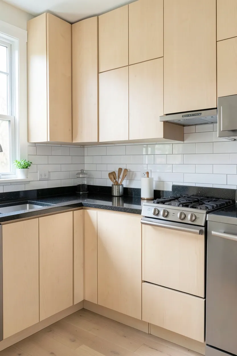 Light maple wood kitchen cabinets with sleek black quartz countertops — bright and dramatic high-contrast kitchen design