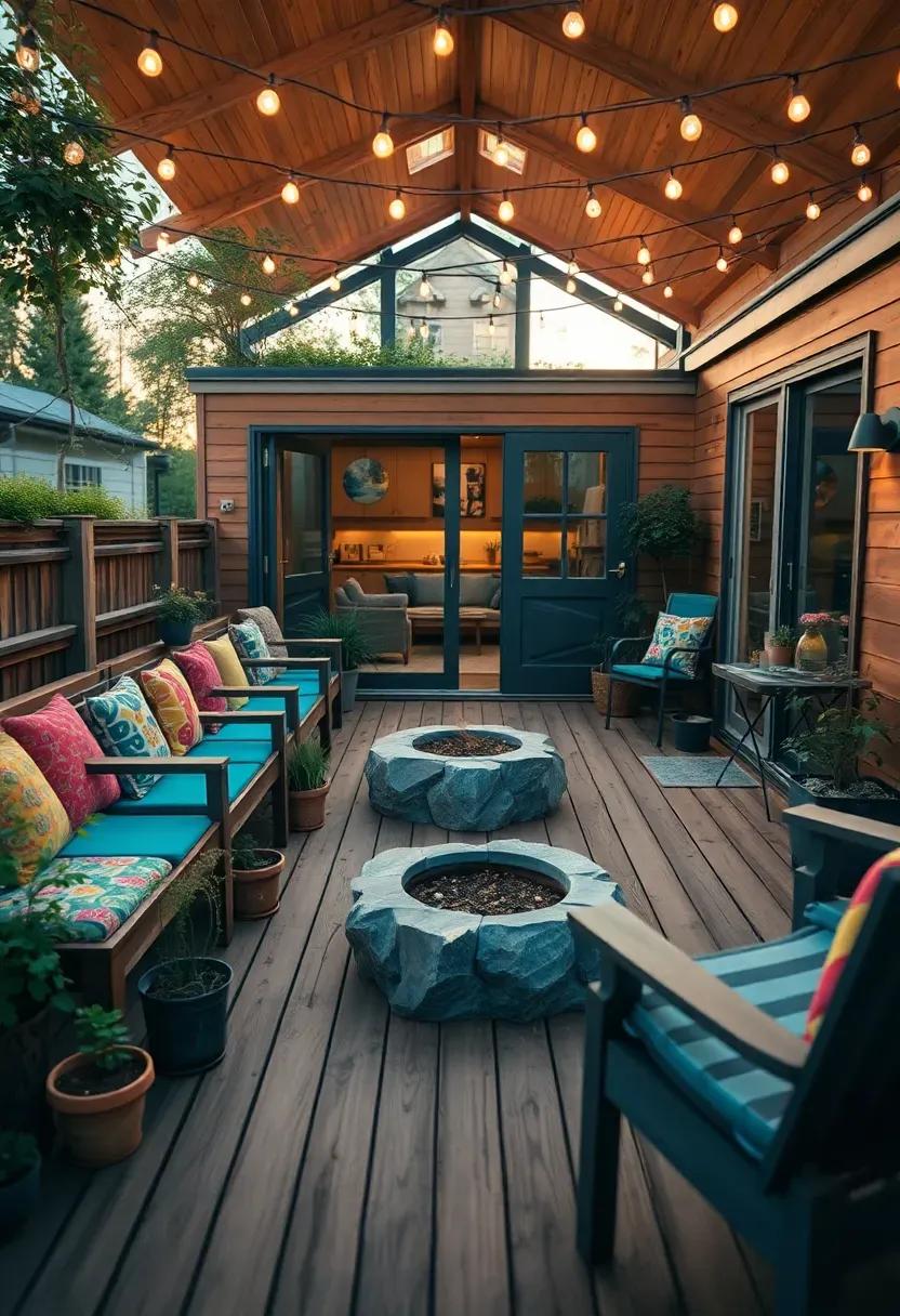 Hyper-realistic 3/4 view of tiny house with extensive outdoor living space including large deck with outdoor furniture, string lights overhead, container garden with vegetables and herbs, and fire pit area with seating. Materials: wood decking with built-in benches, colorful outdoor cushions, potted plants at various heights, small fire pit with stone surround, tiny house with large glass doors opening onto deck. Golden hour lighting with warm sunset colors creating magical outdoor living atmosphere, tiny house interior visible through glass doors. Shallow depth of field focusing on deck seating and fire pit area, tiny house and garden visible in background. Outdoor living sanctuary aesthetic. No text, no logos, no watermarks.</p>