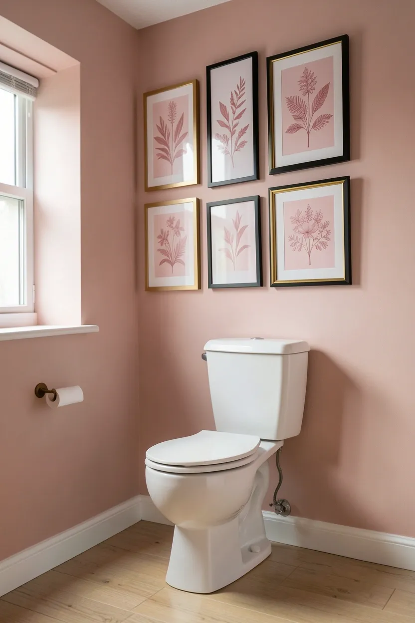 Pink-themed gallery wall with botanical prints and gold frames displayed above toilet in small rental bathroom