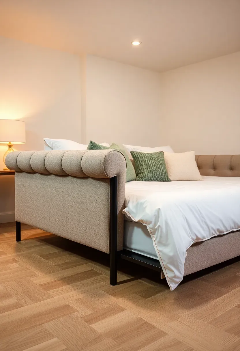 Tufted linen daybed with a pull-out trundle bed in a bright basement guest room