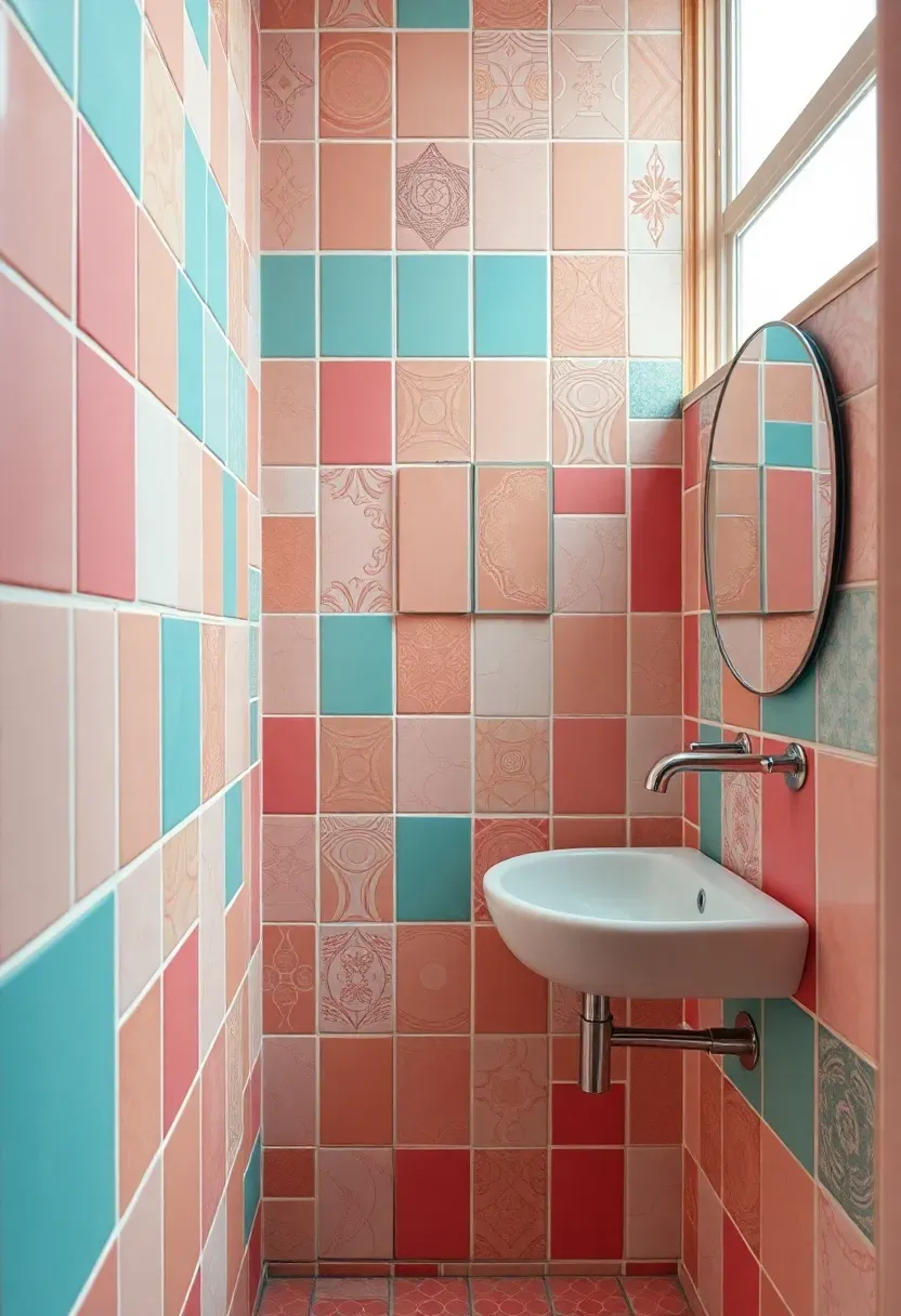 Charming bathroom with mix-and-match tiles in various colors and patterns
