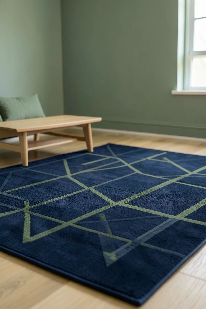 Sage green sofa with two powder blue cushions on a light wood floor in a serene minimalist apartment living room