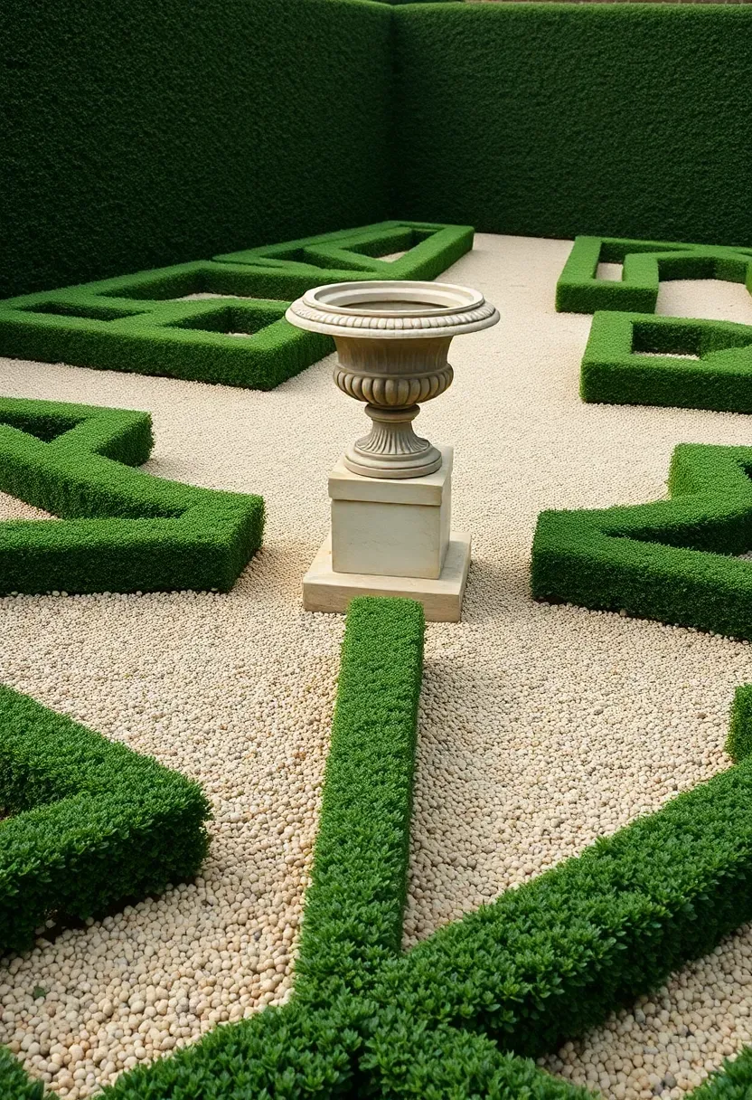 Formal parterre garden with low boxwood hedges forming geometric patterns filled with pale pea gravel and a central stone urn