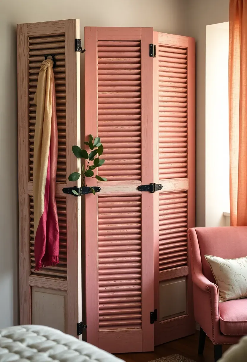 Repurposed vintage wooden shutters used as a decorative room divider painted in faded pink and white