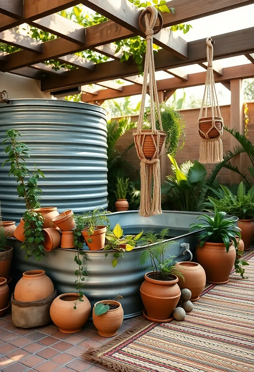 Bohemian style stock tank pool surrounded by potted tropical plants, macrame hanging chairs, and colorful outdoor rugs on a brick patio