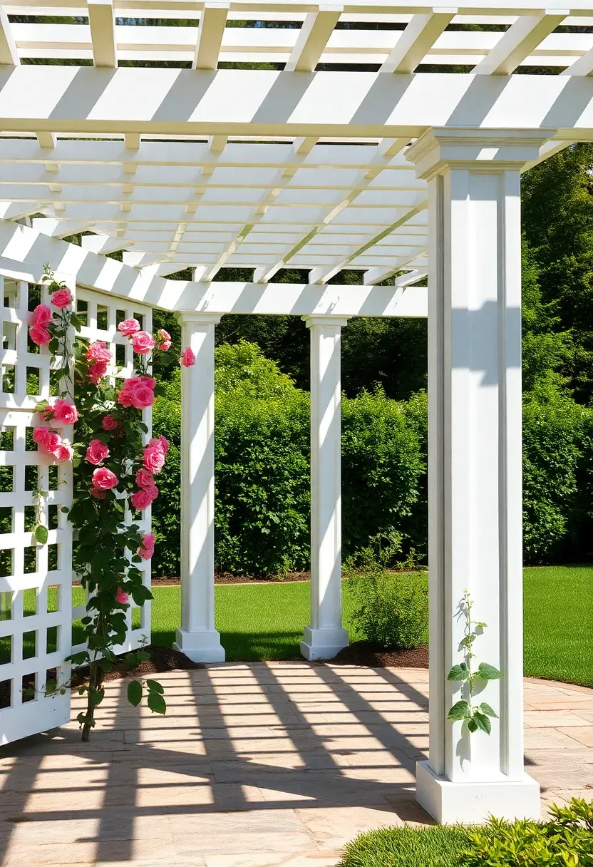 A white vinyl pergola-gazebo hybrid with lattice side panels and a partially open slatted roof, climbing roses growing up one side, on a stone patio