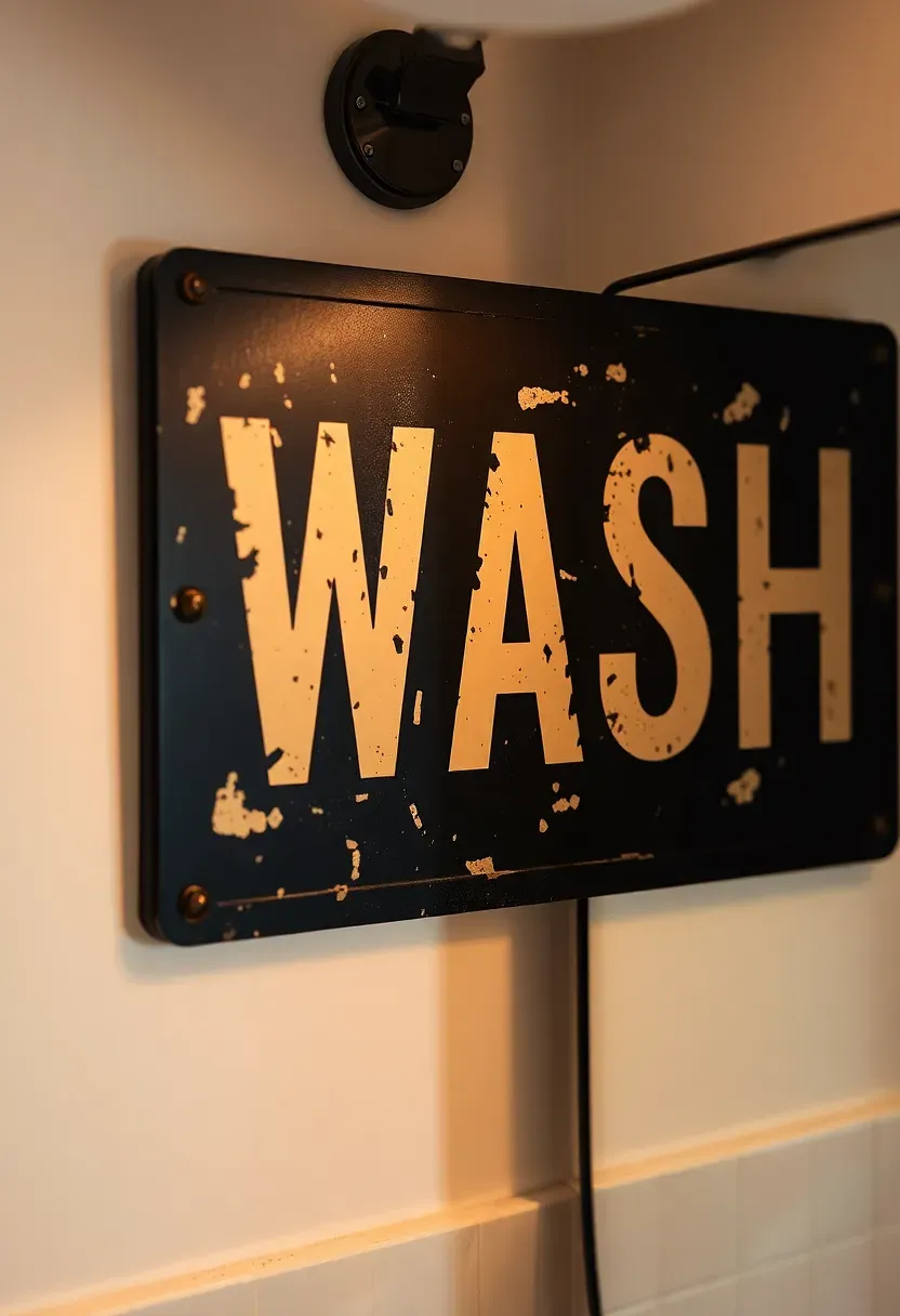 Distressed reclaimed wood vintage bathroom sign with serif lettering hung above a toilet in a cozy apartment bathroom
