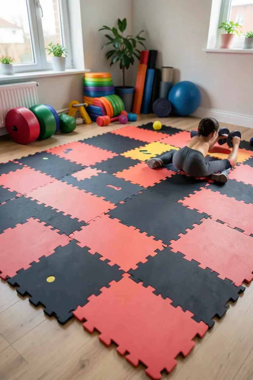 Colorful EVA foam puzzle mats covering a rental apartment living room floor for a portable home gym setup